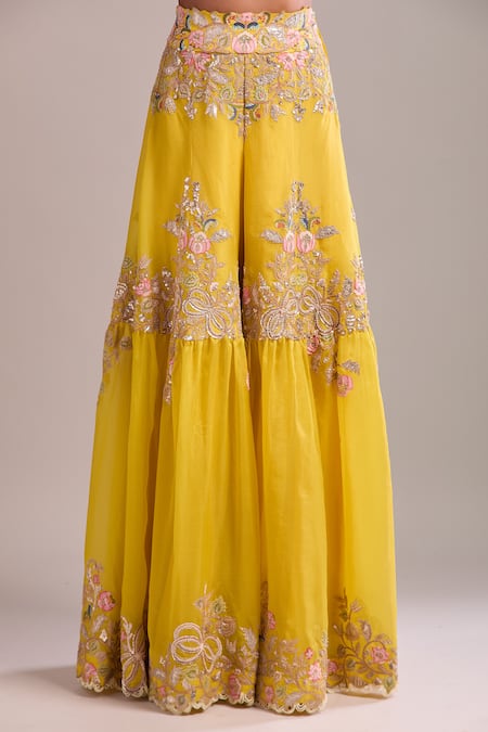 Anamika Khanna_Yellow Embroidery Sweetheart Neck Cape And Sharara Set _at_Aza_Fashions