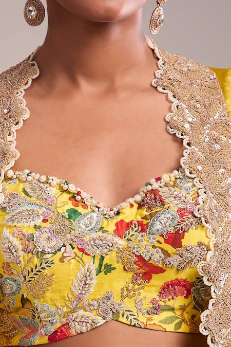 Buy_Anamika Khanna_Yellow Embroidery Sweetheart Neck Cape And Sharara Set 