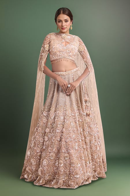 Kalighata Peach Sequins, Beads, Embroidery V-neck Sparkle Lehenga Set