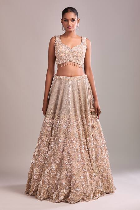 Buy Kalighata Peach Sequins, Beads, Embroidery V-neck Sparkle Lehenga Set Online at Aza Fashions Buy_Kalighata_Peach Sequins, Beads, Embroidery V-neck Sparkle Lehenga Set_Online_at_Aza_Fashions