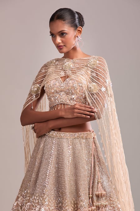 Shop Kalighata Peach Sequins, Beads, Embroidery V-neck Sparkle Lehenga Set Online at Aza Fashions Shop_Kalighata_Peach Sequins, Beads, Embroidery V-neck Sparkle Lehenga Set_Online_at_Aza_Fashions