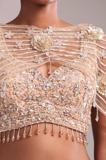 Kalighata Peach Sequins, Beads, Embroidery V-neck Sparkle Lehenga Set at Aza Fashions Kalighata_Peach Sequins, Beads, Embroidery V-neck Sparkle Lehenga Set_at_Aza_Fashions