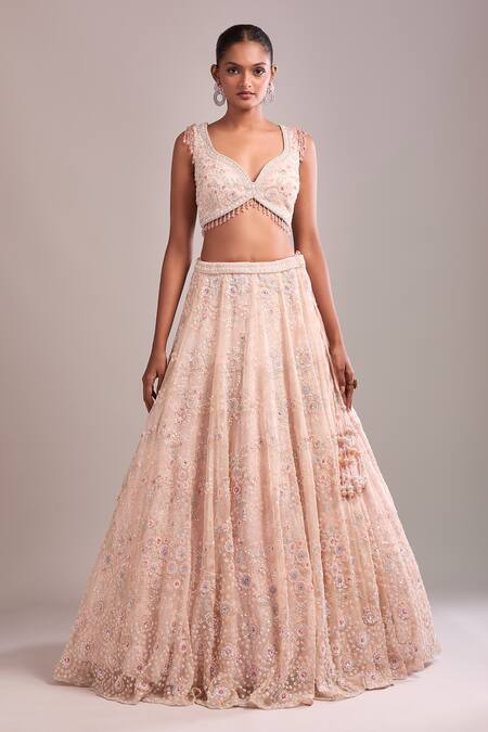 Buy_Kalighata_Pink Sequins, Beads, Embroidery V-neck Bell Lehenga Set _Online_at_Aza_Fashions