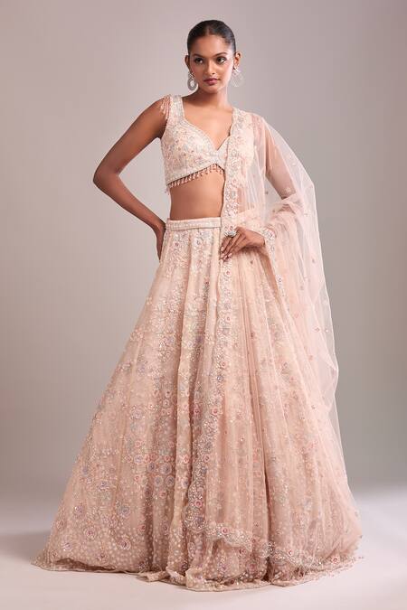 Kalighata_Pink Sequins, Beads, Embroidery V-neck Bell Lehenga Set _at_Aza_Fashions
