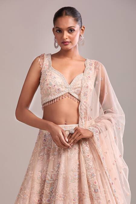 Buy_Kalighata_Pink Sequins, Beads, Embroidery V-neck Bell Lehenga Set 