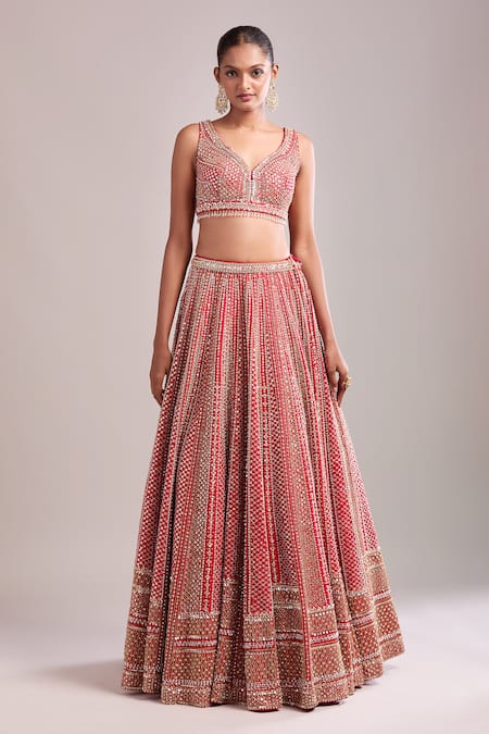 Seema Gujral_Red Net Sequins, Beads, Embroidery V-neck Lehenga Set _Online_at_Aza_Fashions