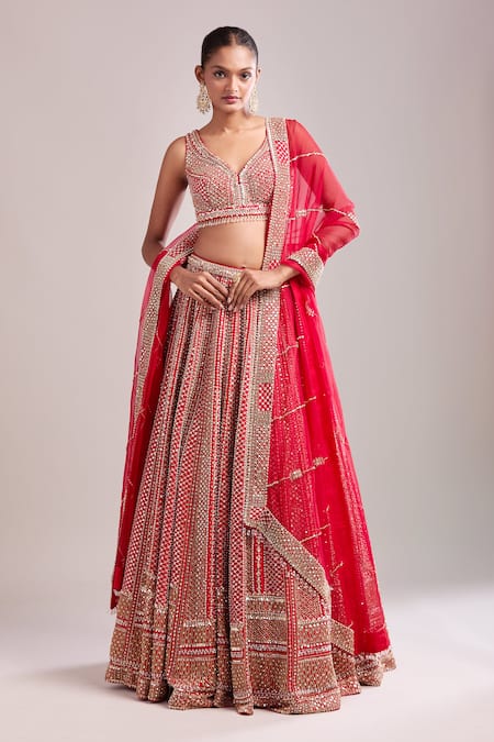 Buy_Seema Gujral_Red Net Sequins, Beads, Embroidery V-neck Lehenga Set _Online_at_Aza_Fashions