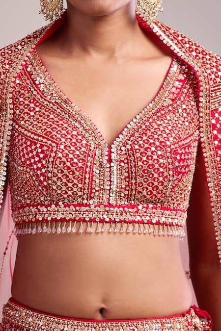 Shop_Seema Gujral_Red Net Sequins, Beads, Embroidery V-neck Lehenga Set _Online_at_Aza_Fashions