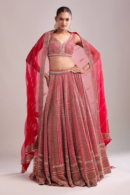 Seema Gujral_Red Net Sequins, Beads, Embroidery V-neck Lehenga Set _at_Aza_Fashions
