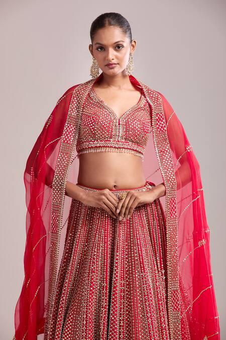 Buy_Seema Gujral_Red Net Sequins, Beads, Embroidery V-neck Lehenga Set 
