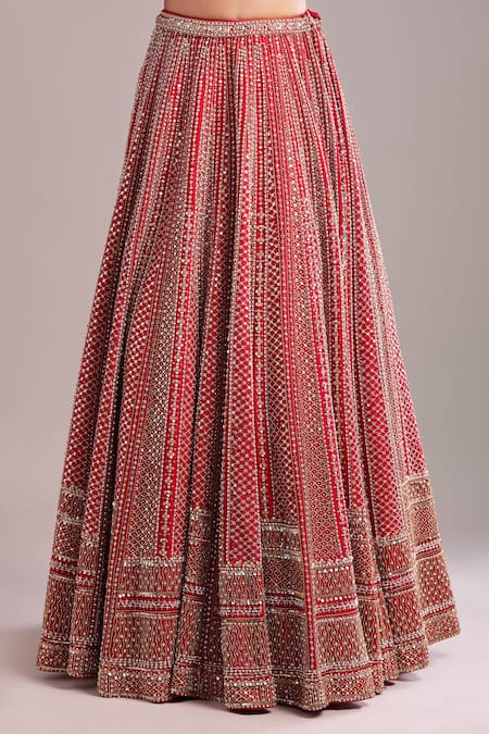 Shop_Seema Gujral_Red Net Sequins, Beads, Embroidery V-neck Lehenga Set 