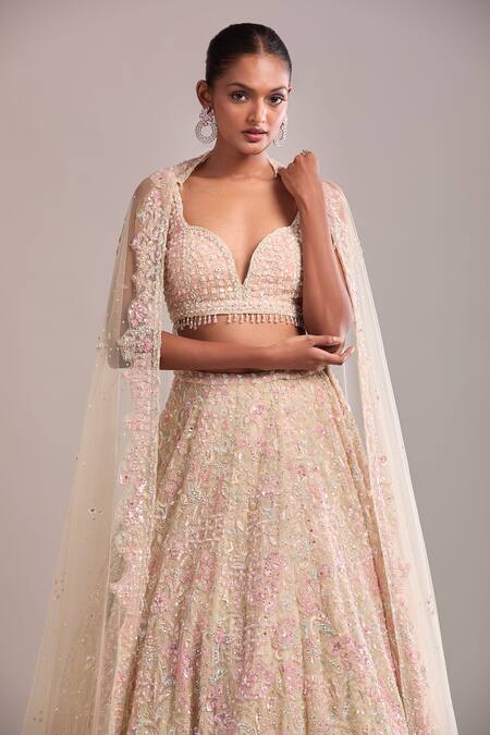 Seema Gujral_Beige Sequins, Beads, Embroidery Plunge Neck Multi Color Lehenga Set _Online_at_Aza_Fashions