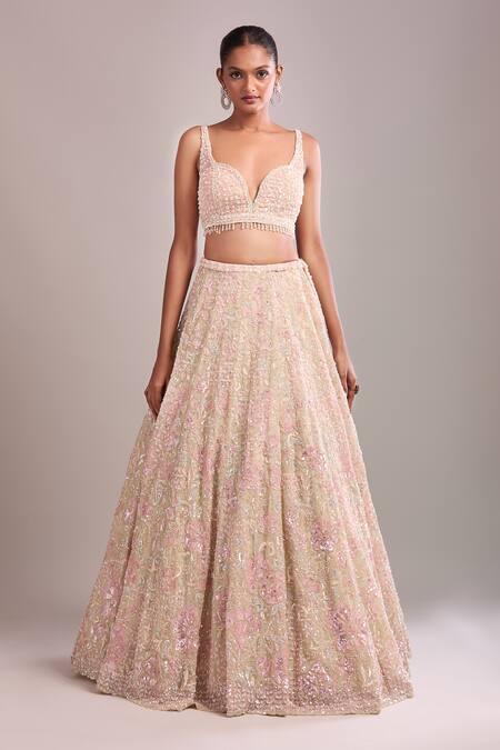 Shop_Seema Gujral_Beige Sequins, Beads, Embroidery Plunge Neck Multi Color Lehenga Set _Online_at_Aza_Fashions