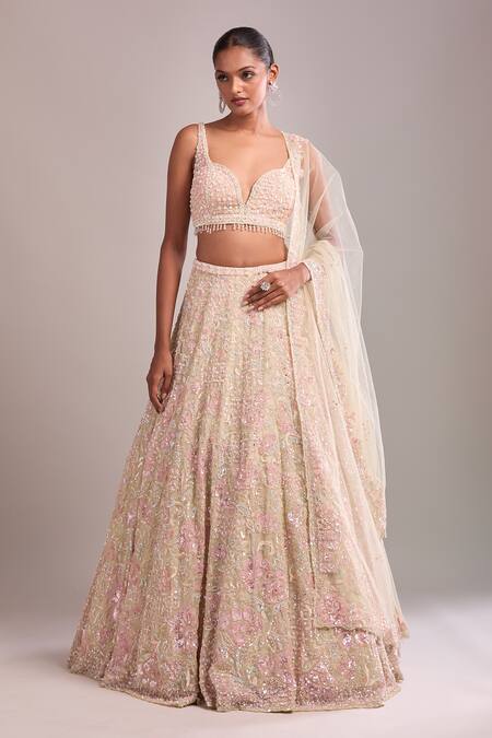 Seema Gujral_Beige Sequins, Beads, Embroidery Plunge Neck Multi Color Lehenga Set _at_Aza_Fashions