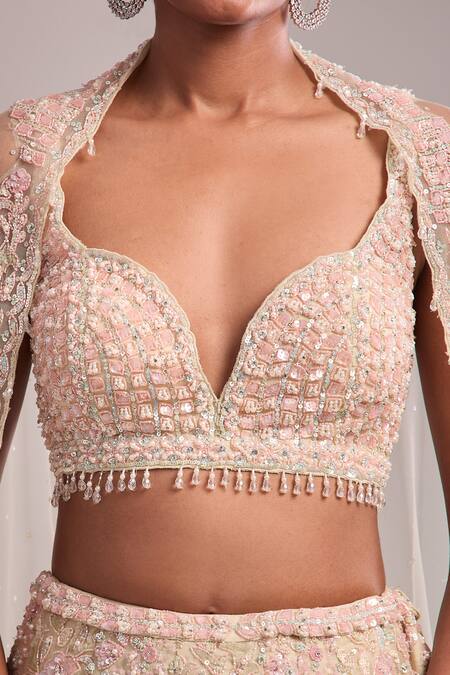 Buy_Seema Gujral_Beige Sequins, Beads, Embroidery Plunge Neck Multi Color Lehenga Set 