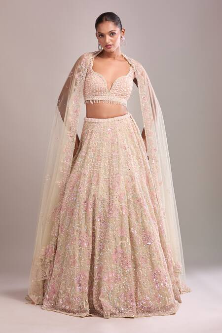 Shop_Seema Gujral_Beige Sequins, Beads, Embroidery Plunge Neck Multi Color Lehenga Set 