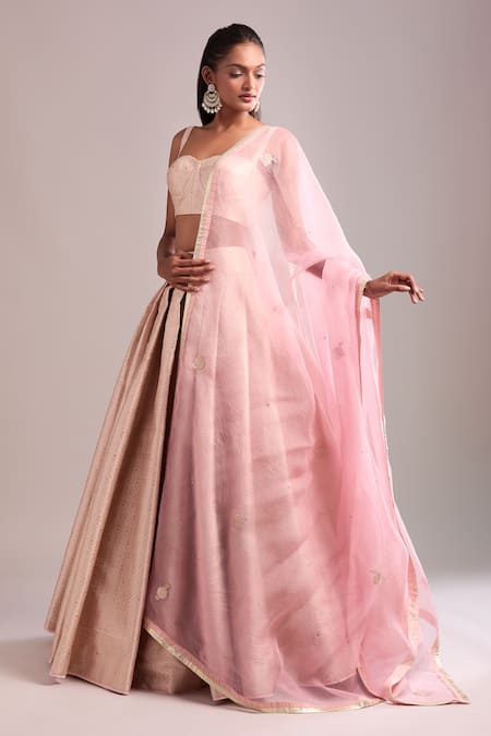 Shyam Narayan Prasad_Pink Brocade, Organza Embroidery, Applique Sweetheart Neck Pearl Lehenga Set _Online_at_Aza_Fashions