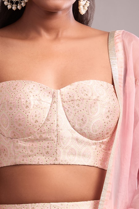 Buy_Shyam Narayan Prasad_Pink Brocade, Organza Embroidery, Applique Sweetheart Neck Pearl Lehenga Set _Online_at_Aza_Fashions