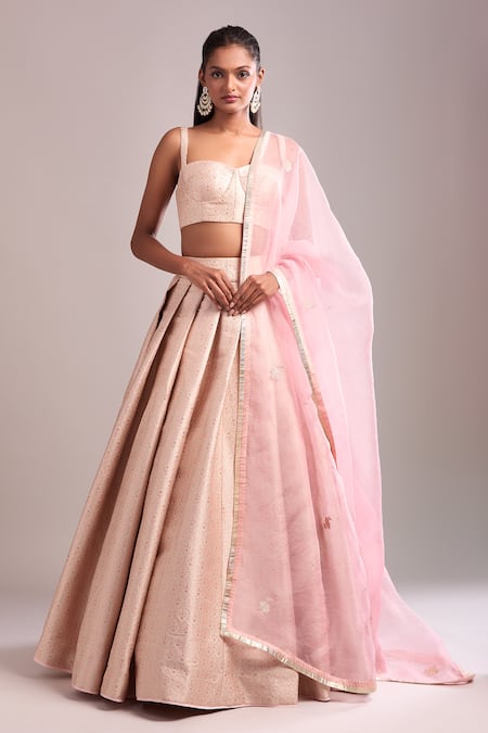 Shop_Shyam Narayan Prasad_Pink Brocade, Organza Embroidery, Applique Sweetheart Neck Pearl Lehenga Set _Online_at_Aza_Fashions