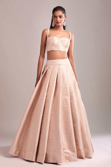 Shyam Narayan Prasad_Pink Brocade, Organza Embroidery, Applique Sweetheart Neck Pearl Lehenga Set _at_Aza_Fashions