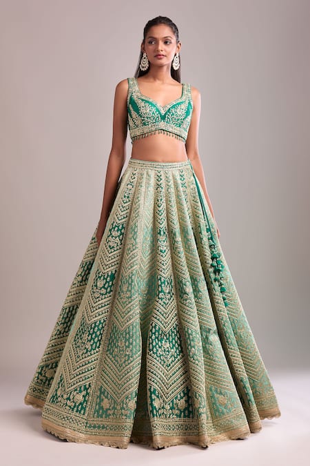 Shyam Narayan Prasad_Teal Silk, Organza Embroidery V-neck Gold Dori Lehenga Set _Online_at_Aza_Fashions