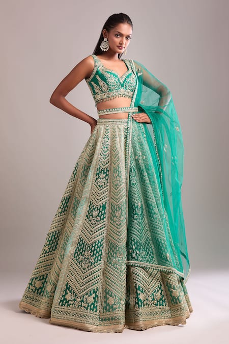 Buy_Shyam Narayan Prasad_Teal Silk, Organza Embroidery V-neck Gold Dori Lehenga Set _Online_at_Aza_Fashions