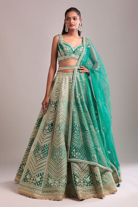 Shop_Shyam Narayan Prasad_Teal Silk, Organza Embroidery V-neck Gold Dori Lehenga Set _Online_at_Aza_Fashions