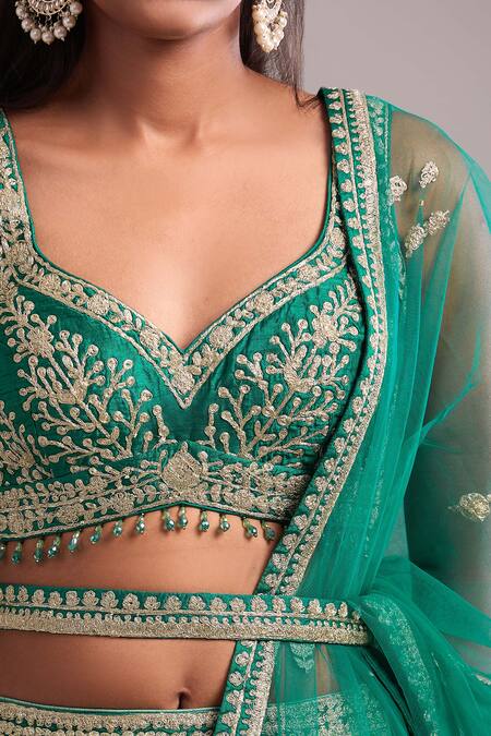 Shyam Narayan Prasad_Teal Silk, Organza Embroidery V-neck Gold Dori Lehenga Set _at_Aza_Fashions