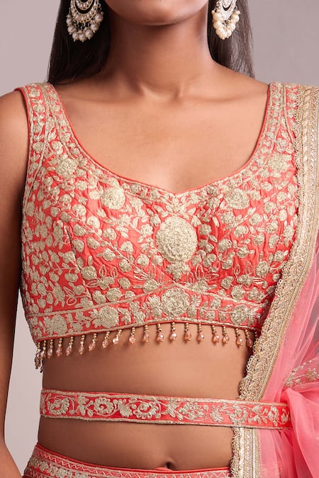 Shyam Narayan Prasad_Peach Silk, Chiffon Embroidery Round Neck Panelled Lehenga Set With Dupatta _Online_at_Aza_Fashions