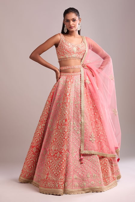 Buy_Shyam Narayan Prasad_Peach Silk, Chiffon Embroidery Round Neck Panelled Lehenga Set With Dupatta _Online_at_Aza_Fashions
