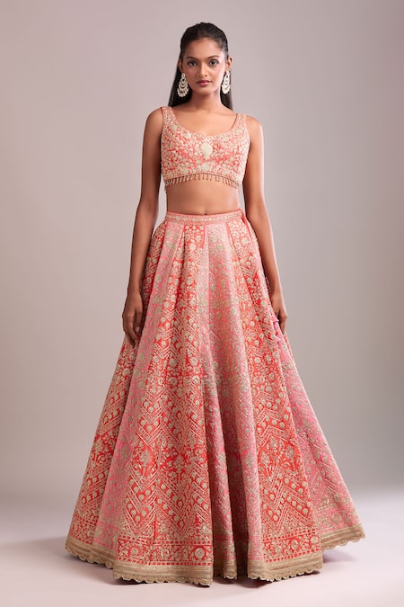 Shyam Narayan Prasad_Peach Silk, Chiffon Embroidery Round Neck Panelled Lehenga Set With Dupatta _at_Aza_Fashions