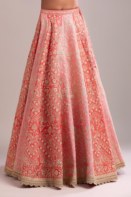 Buy_Shyam Narayan Prasad_Peach Silk, Chiffon Embroidery Round Neck Panelled Lehenga Set With Dupatta 