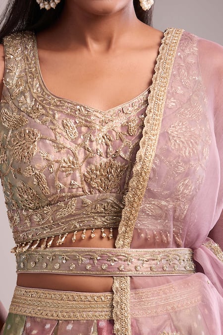 Shyam Narayan Prasad_Pink Tissue Zari, Embroidery Round Neck Dusty And Green Lehenga Set _Online_at_Aza_Fashions