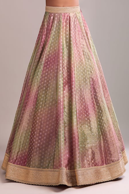 Buy_Shyam Narayan Prasad_Pink Tissue Zari, Embroidery Round Neck Dusty And Green Lehenga Set _Online_at_Aza_Fashions