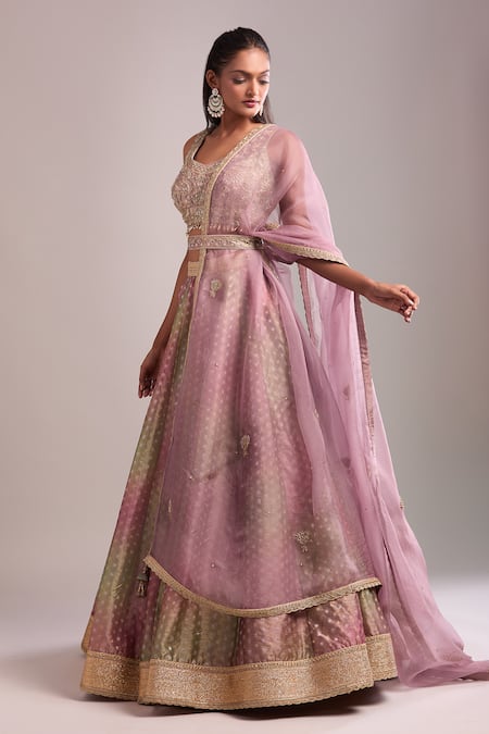 Shop_Shyam Narayan Prasad_Pink Tissue Zari, Embroidery Round Neck Dusty And Green Lehenga Set _Online_at_Aza_Fashions