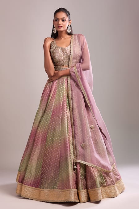 Shyam Narayan Prasad_Pink Tissue Zari, Embroidery Round Neck Dusty And Green Lehenga Set _at_Aza_Fashions