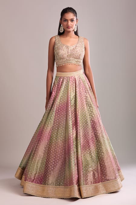 Buy_Shyam Narayan Prasad_Pink Tissue Zari, Embroidery Round Neck Dusty And Green Lehenga Set 