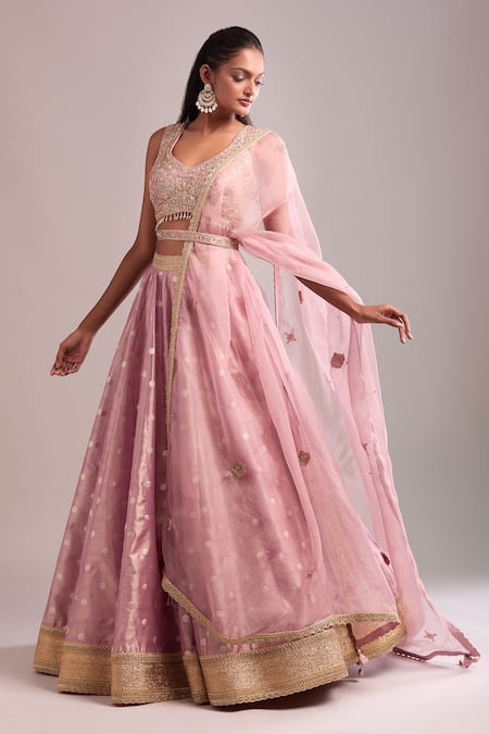 Buy_Shyam Narayan Prasad_Pink Tissue Embroidery, Zari V-neck Polka Woven Zardozi Lehenga Set _Online_at_Aza_Fashions