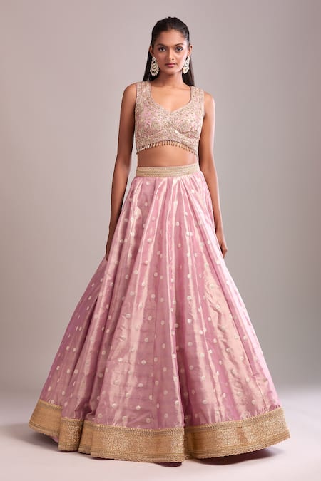 Shop_Shyam Narayan Prasad_Pink Tissue Embroidery, Zari V-neck Polka Woven Zardozi Lehenga Set _Online_at_Aza_Fashions