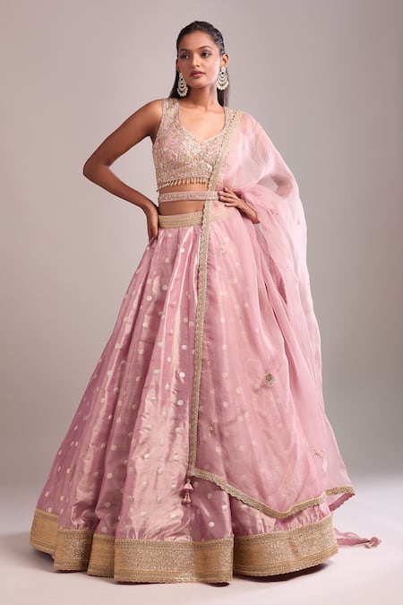 Buy_Shyam Narayan Prasad_Pink Tissue Embroidery, Zari V-neck Polka Woven Zardozi Lehenga Set 