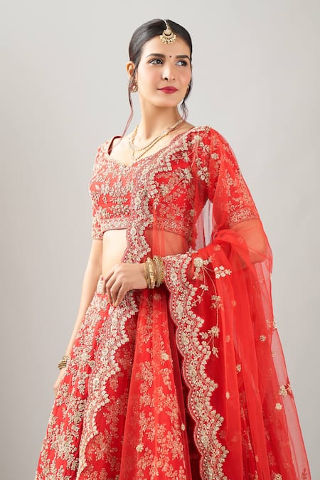 Kalighata_Red Embroidery Vani Lehenga Set _Online_at_Aza_Fashions