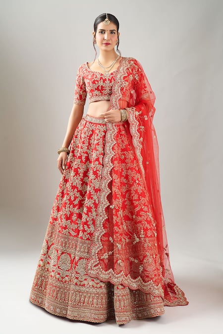 Shop_Kalighata_Red Embroidery Vani Lehenga Set _Online_at_Aza_Fashions