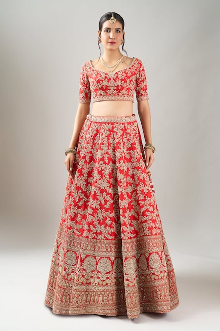 Kalighata_Red Embroidery Vani Lehenga Set _at_Aza_Fashions