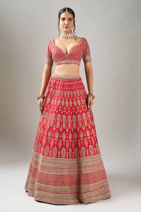Kalighata_Red Sequins, Embroidery, Beads V-neck Loop Lehenga With Two Dupattas _Online_at_Aza_Fashions