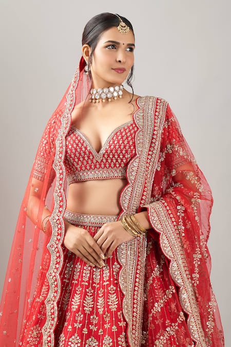 Buy_Kalighata_Red Sequins, Embroidery, Beads V-neck Loop Lehenga With Two Dupattas _Online_at_Aza_Fashions