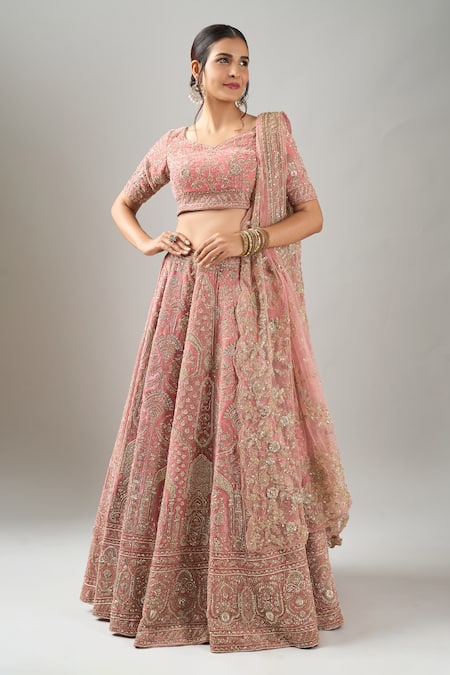 Shop_Kalighata_Pink Silk Sequins, Embroidery Elnaz Lehenga Set _Online_at_Aza_Fashions