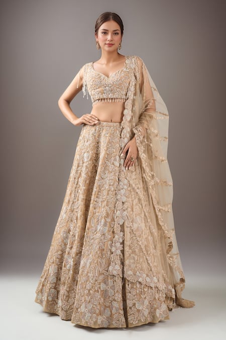 Kalighata Gold Sequins, Embroidery, Beads V-neck Midaas Lehenga Set 