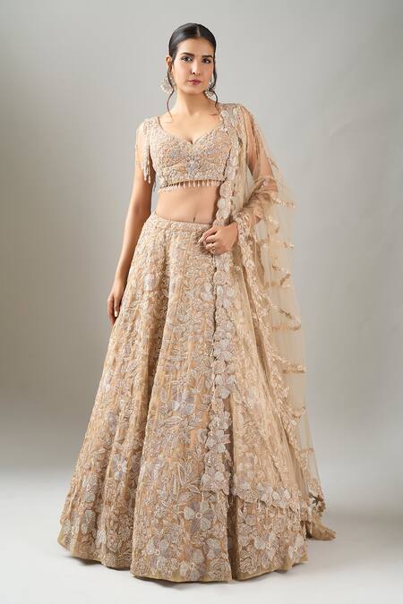 Kalighata_Gold Sequins, Embroidery, Beads V-neck Midaas Lehenga Set _Online_at_Aza_Fashions