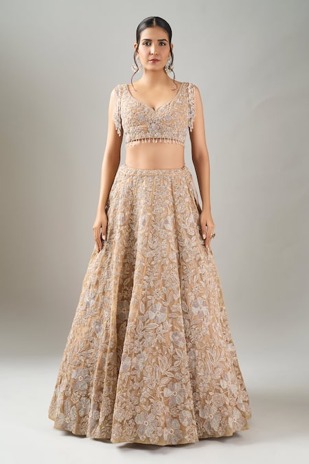 Shop_Kalighata_Gold Sequins, Embroidery, Beads V-neck Midaas Lehenga Set _Online_at_Aza_Fashions