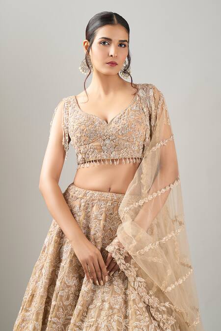 Kalighata_Gold Sequins, Embroidery, Beads V-neck Midaas Lehenga Set _at_Aza_Fashions